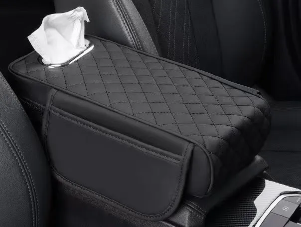 Universal car armrest box cushion in leather with built-in tissue buggy bag