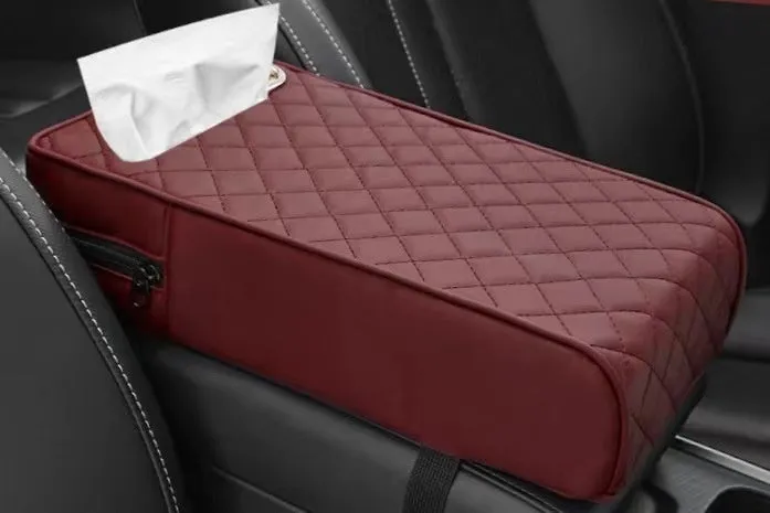 Universal car armrest box cushion in leather with built-in tissue buggy bag