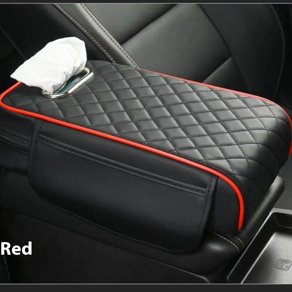 Universal car armrest box cushion in leather with built-in tissue buggy bag