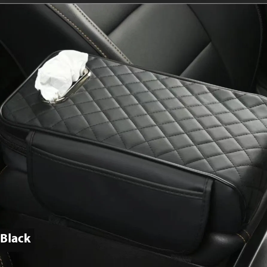 Universal car armrest box cushion in leather with built-in tissue buggy bag