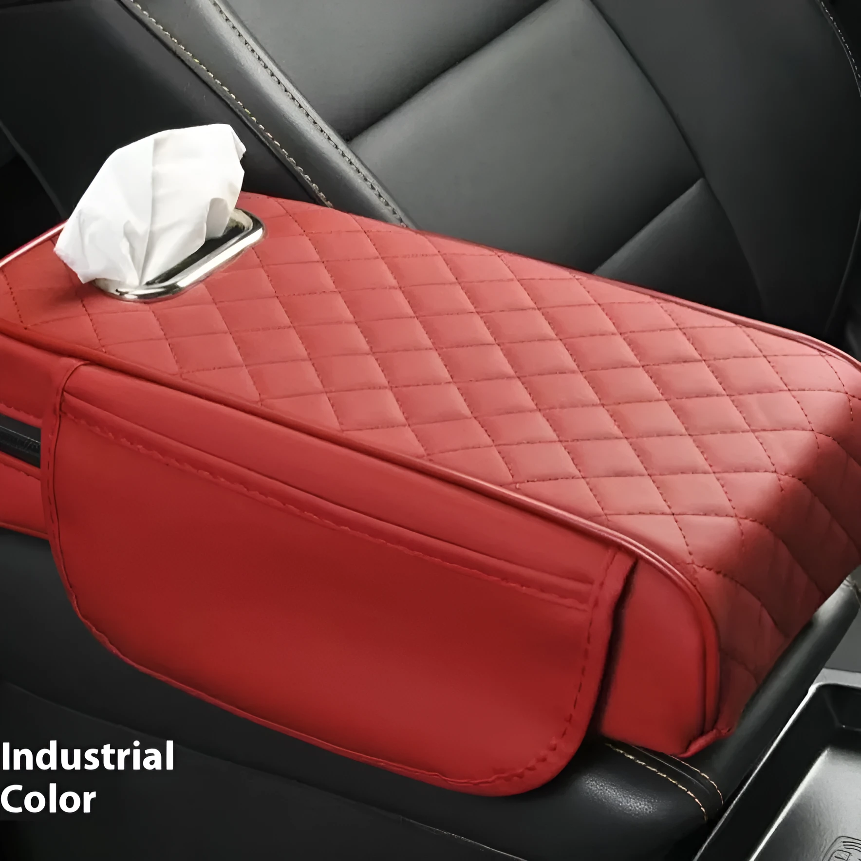 Universal car armrest box cushion in leather with built-in tissue buggy bag