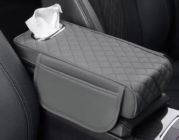 Universal car armrest box cushion in leather with built-in tissue buggy bag