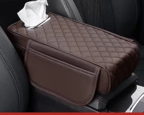 Universal car armrest box cushion in leather with built-in tissue buggy bag