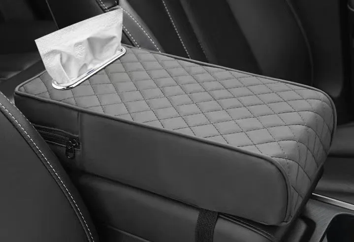 Universal car armrest box cushion in leather with built-in tissue buggy bag