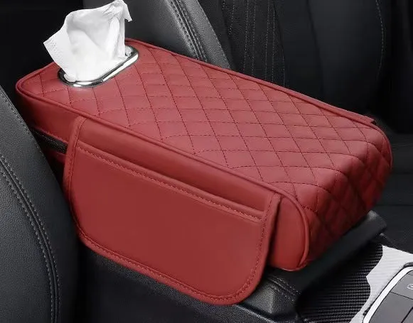 Universal car armrest box cushion in leather with built-in tissue buggy bag