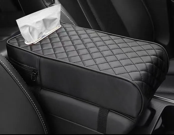 Universal car armrest box cushion in leather with built-in tissue buggy bag