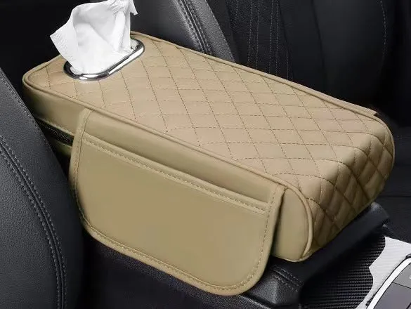 Universal car armrest box cushion in leather with built-in tissue buggy bag