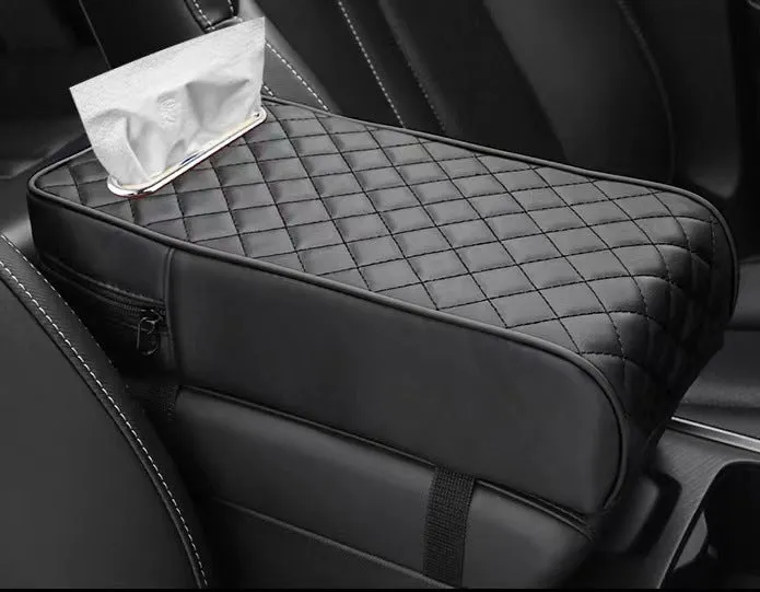 Universal car armrest box cushion in leather with built-in tissue buggy bag