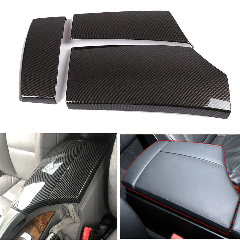 Three black ABS car armrest protective covers with a shiny diagonal carbon fibre weave pattern.