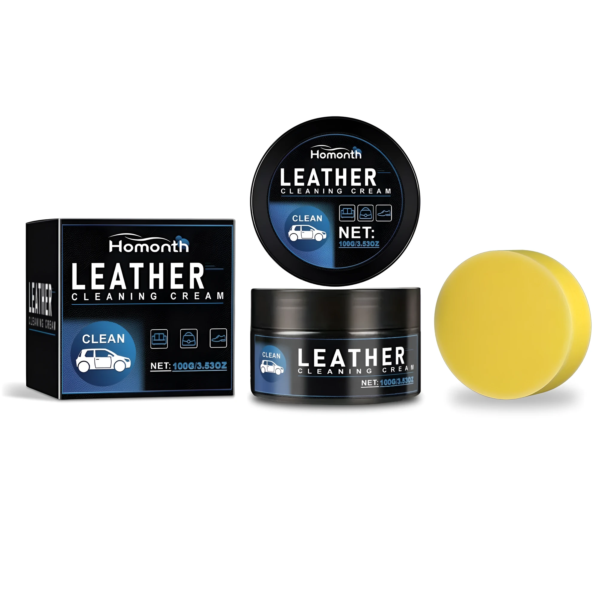 HOMONTH 100g car leather care cream with a sponge and a compact bottle for automotive interior restoration