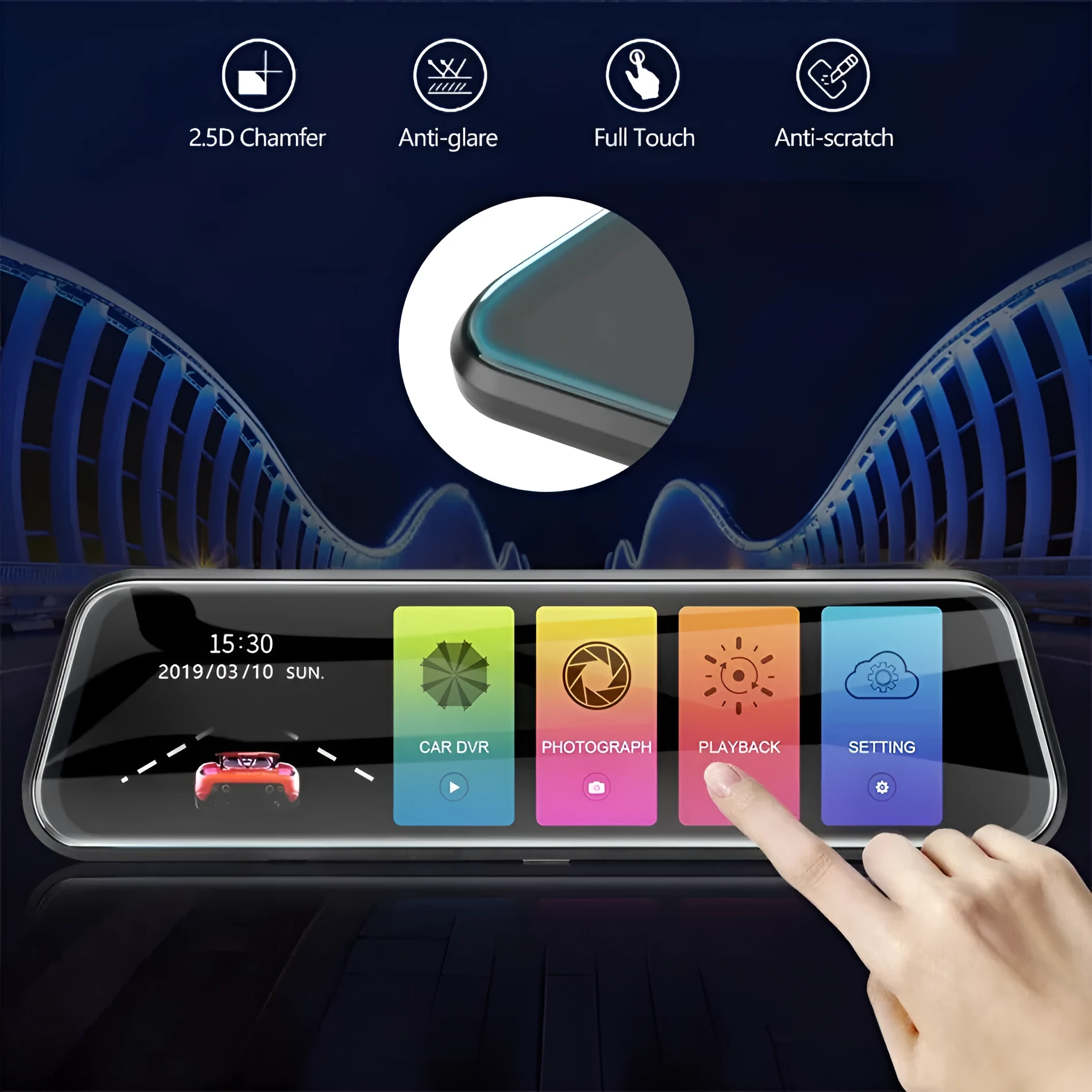 HD 1080p dual lens rearview mirror recorder with 9.66 inch touch screen mounted in car showing front video