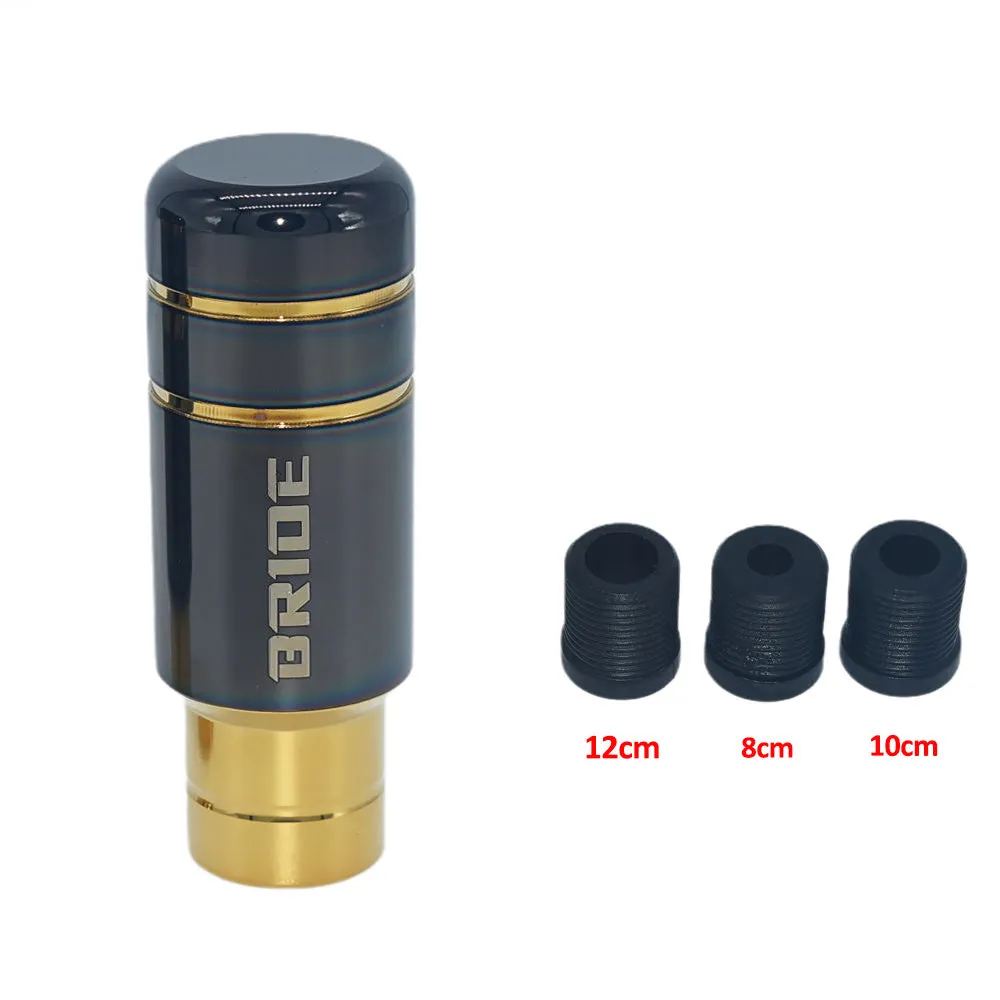Roasted blue and black gold aluminium alloy universal car gear shift head with three rubber sleeves.