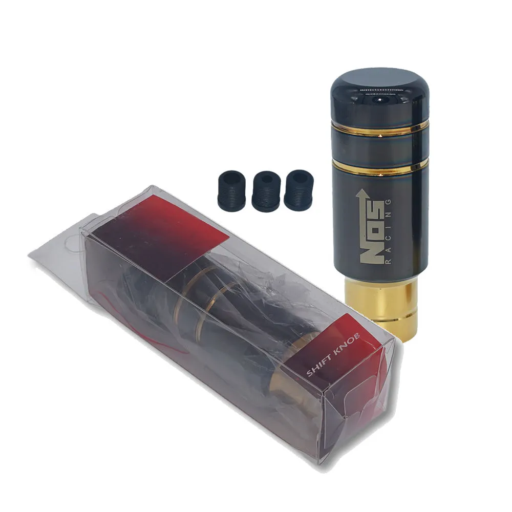 Roasted blue and black gold aluminium alloy universal car gear shift head with three rubber sleeves.