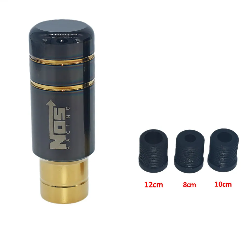 Roasted blue and black gold aluminium alloy universal car gear shift head with three rubber sleeves.