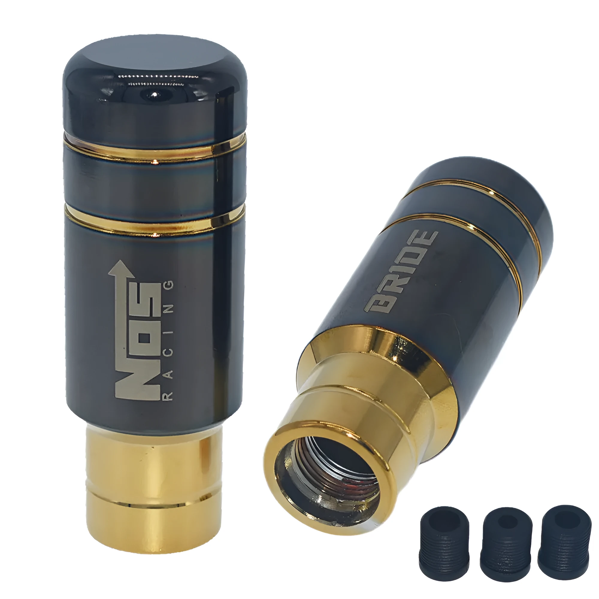 Roasted blue and black gold aluminium alloy universal car gear shift head with three rubber sleeves.
