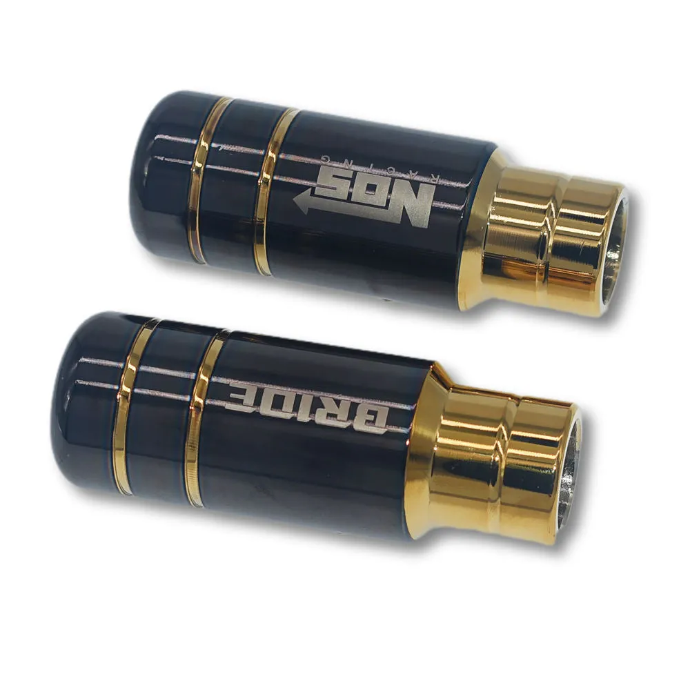 Roasted blue and black gold aluminium alloy universal car gear shift head with three rubber sleeves.