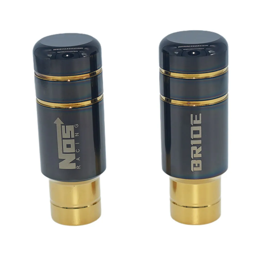 Roasted blue and black gold aluminium alloy universal car gear shift head with three rubber sleeves.