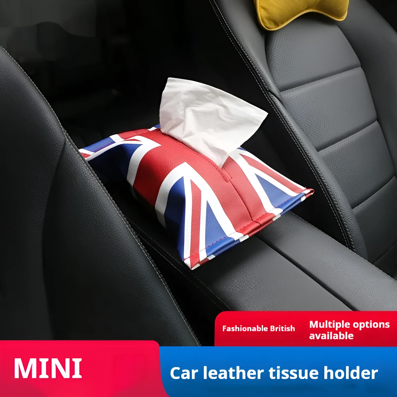 Mini car tissue box with British Union Flag design in leather, 18cm long 27cm wide