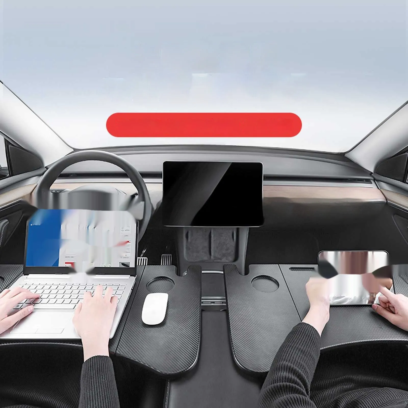 Folding table board for Tesla Model 3/Y in carbon fibre pattern, 42.5x41x5.4cm, plastic and wood construction, double folding design