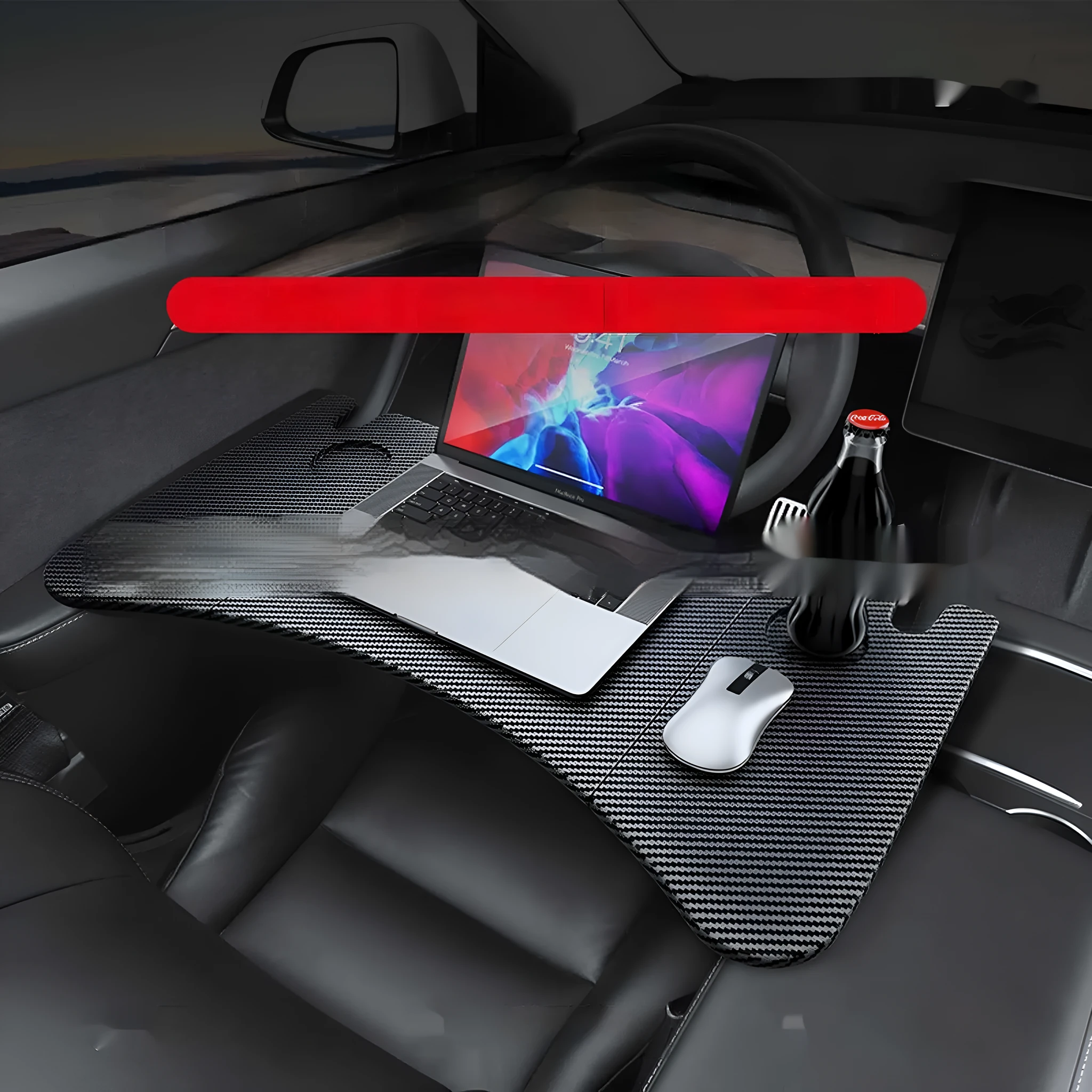 Folding table board for Tesla Model 3/Y in carbon fibre pattern, 42.5x41x5.4cm, plastic and wood construction, double folding design