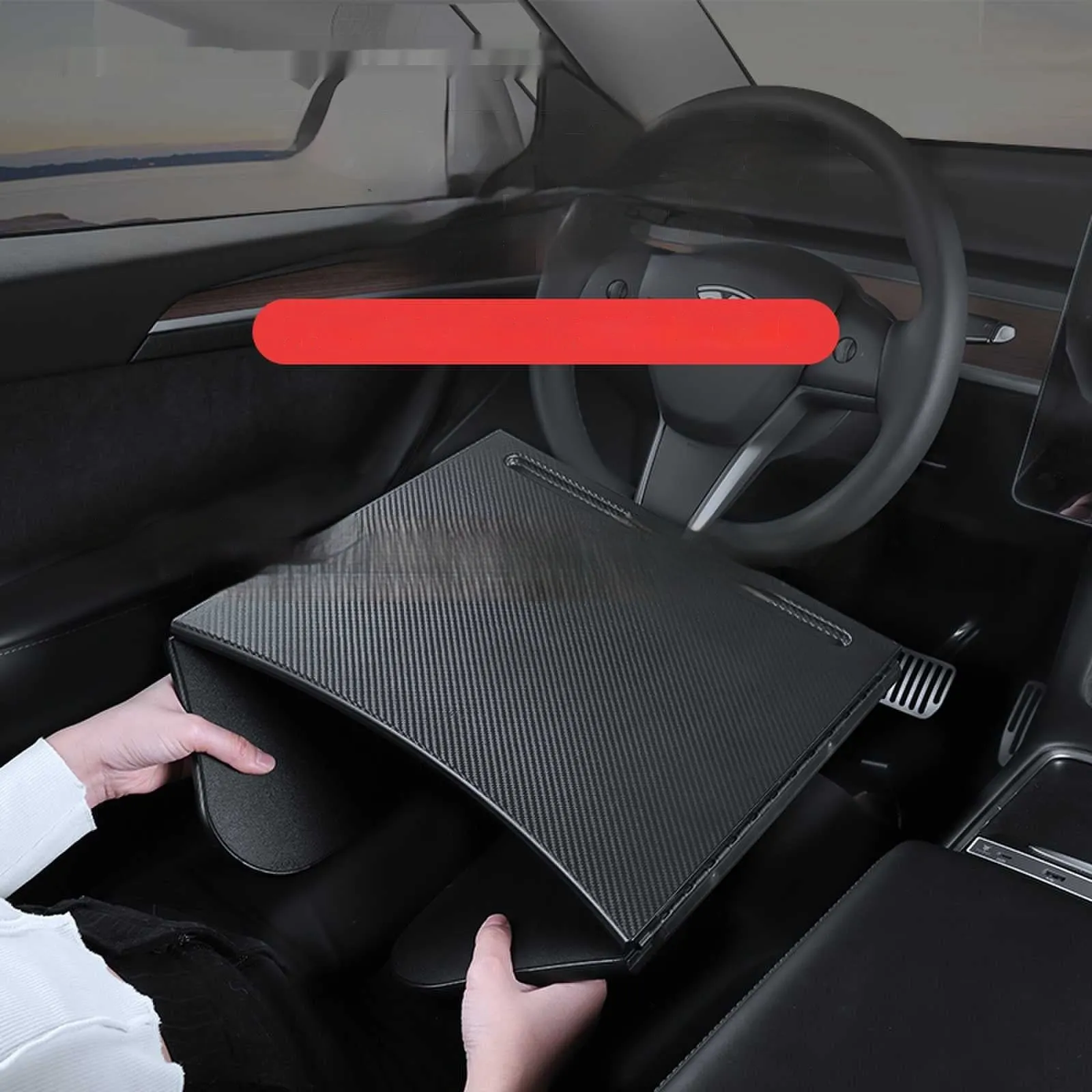 Folding table board for Tesla Model 3/Y in carbon fibre pattern, 42.5x41x5.4cm, plastic and wood construction, double folding design