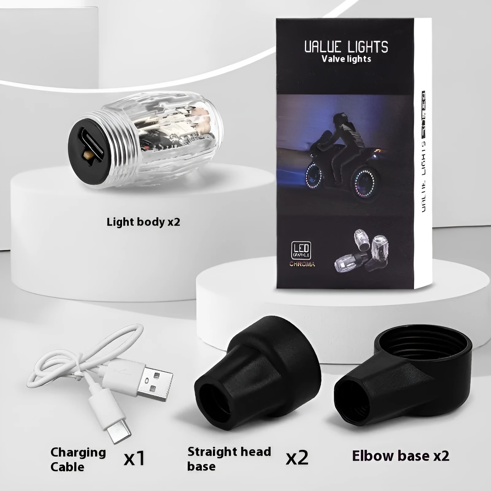 Colourful car tyre valve wheel lights in ABS housing with charging cable and bases