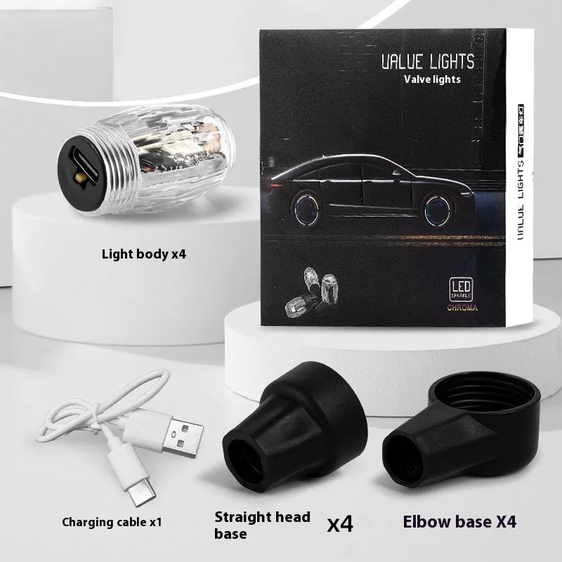 Colourful car tyre valve wheel lights in ABS housing with charging cable and bases