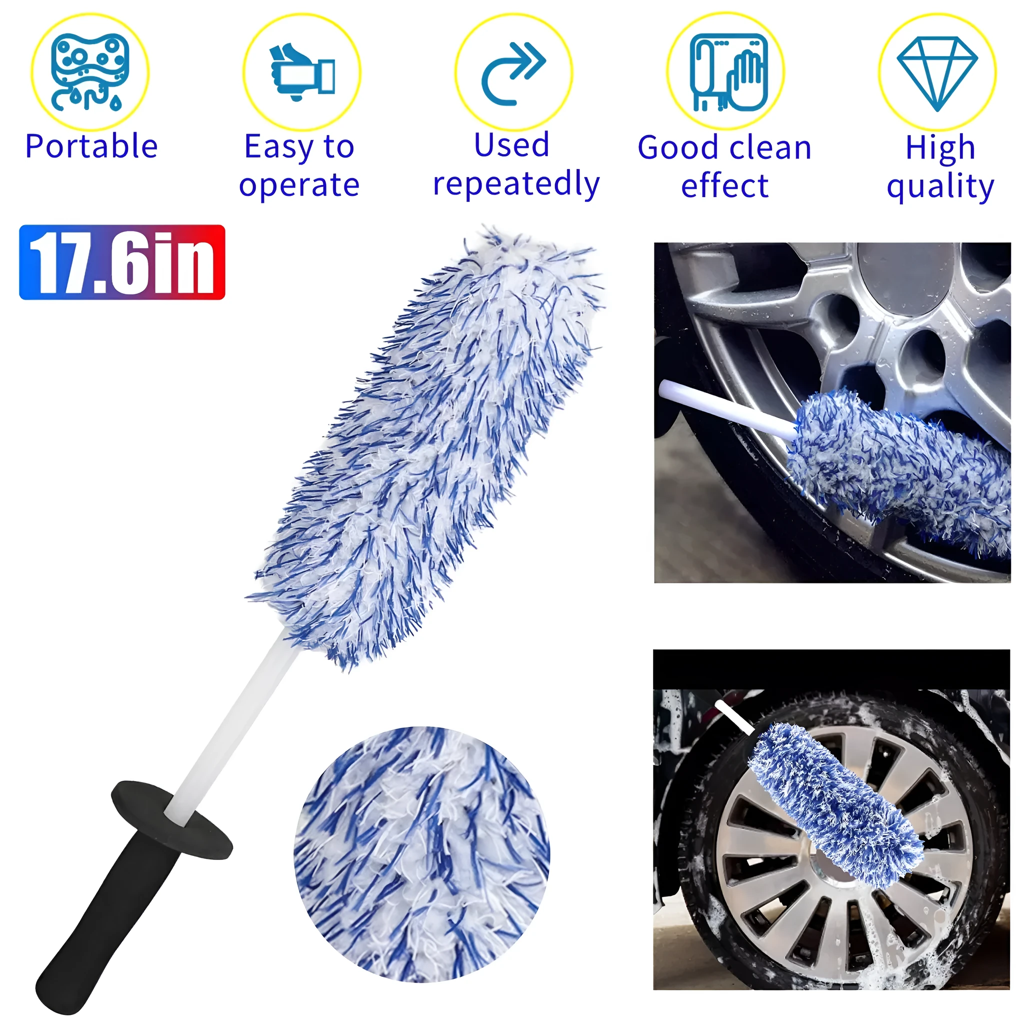 Soft microfiber 44cm car wheel cleaning brush for deep rim bed and spoke cleaning