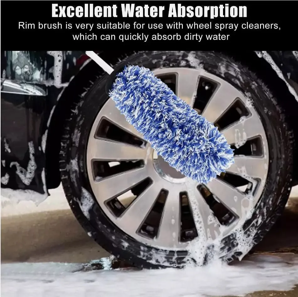 Soft microfiber 44cm car wheel cleaning brush for deep rim bed and spoke cleaning