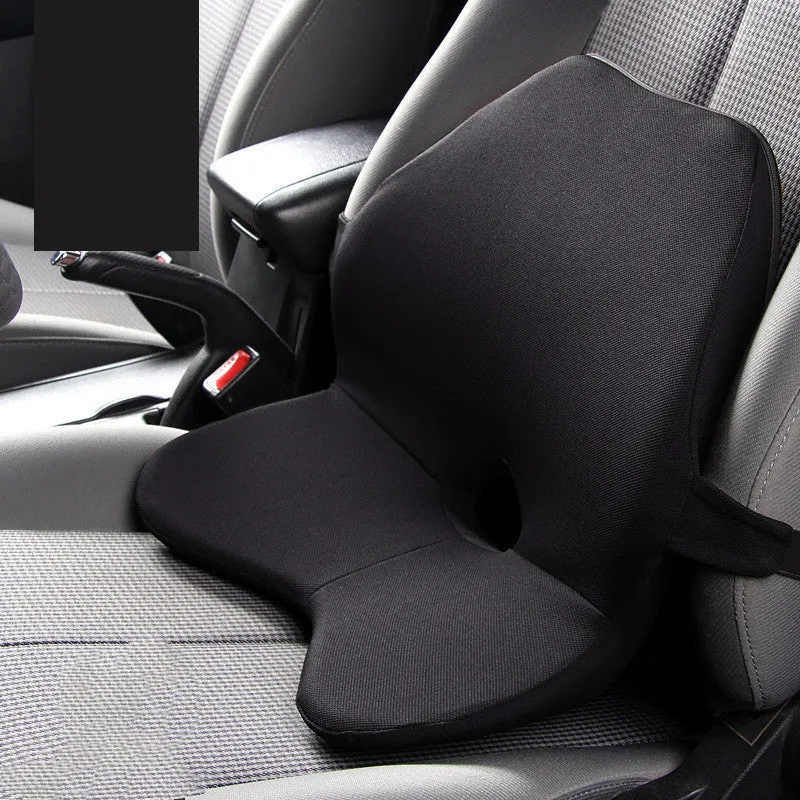 Car seat cushion with integrated memory foam waist pad and optional attached headrest in a neutral colour.