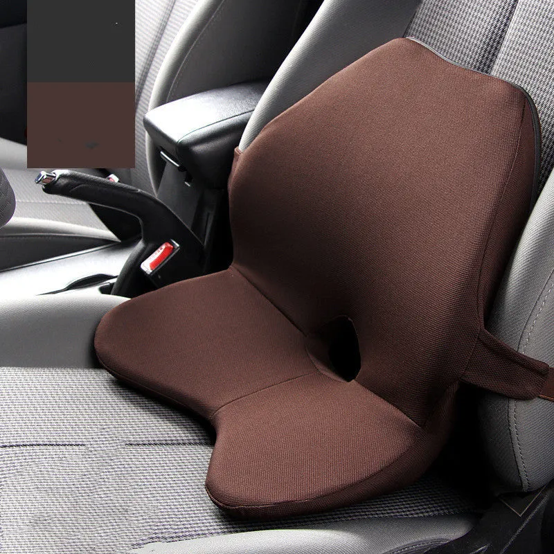 Car seat cushion with integrated memory foam waist pad and optional attached headrest in a neutral colour.