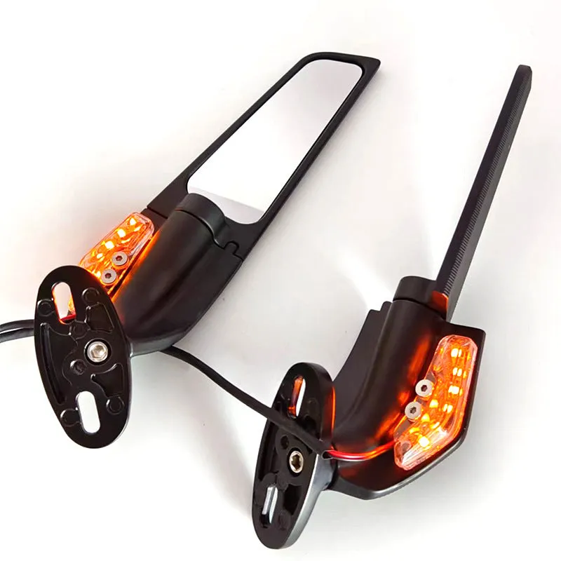 Motorcycle spoiler rearview mirror with yellow LED light, aluminium alloy construction, white convex lens