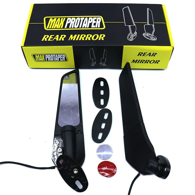 Motorcycle spoiler rearview mirror with yellow LED light, aluminium alloy construction, white convex lens