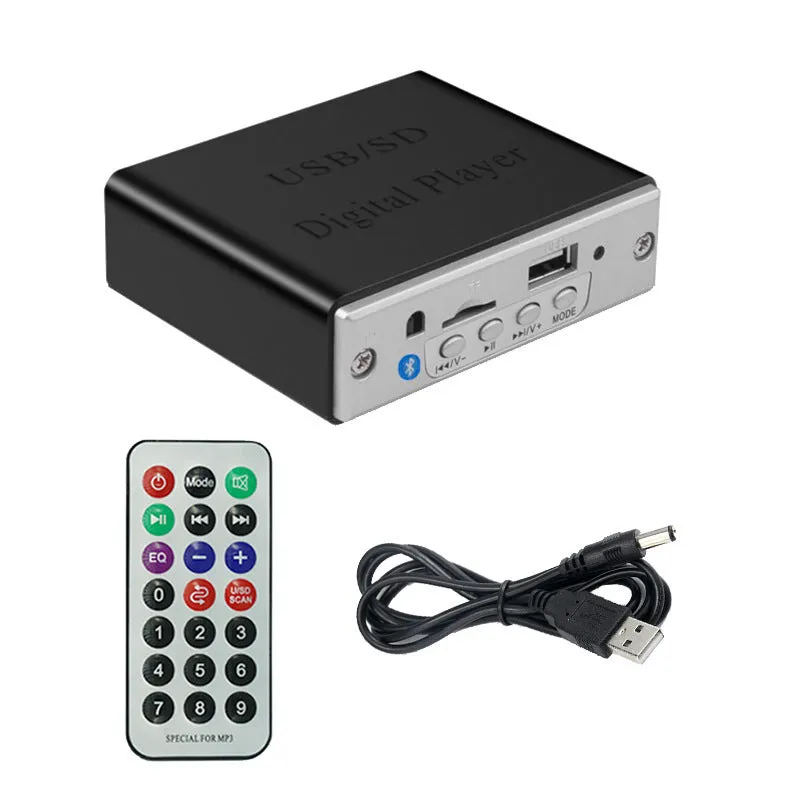 White 12V car Bluetooth MP3 decoder with TF card and USB ports, FM radio, and infrared remote control