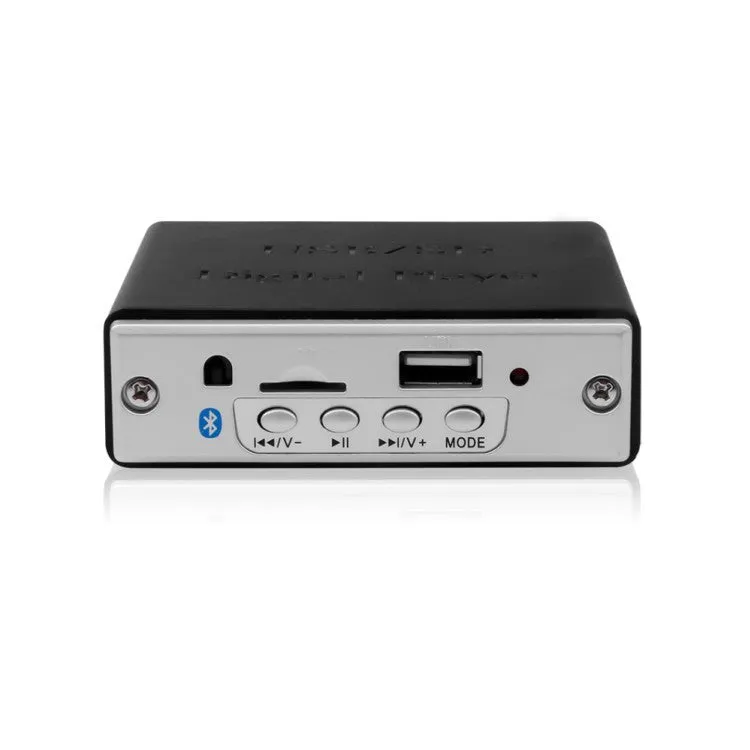 White 12V car Bluetooth MP3 decoder with TF card and USB ports, FM radio, and infrared remote control