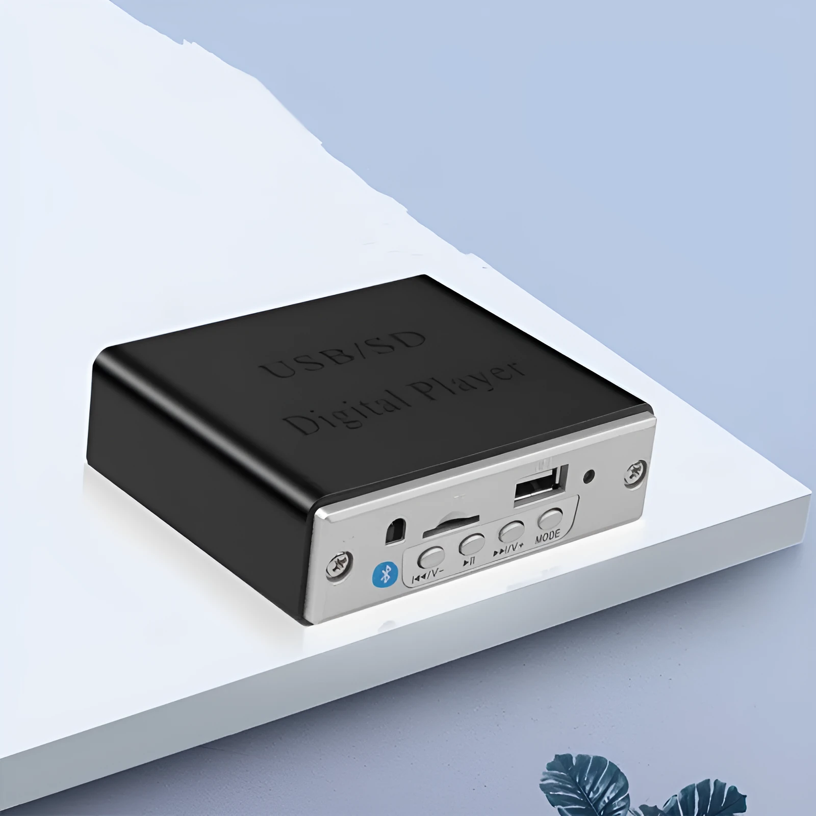 White 12V car Bluetooth MP3 decoder with TF card and USB ports, FM radio, and infrared remote control