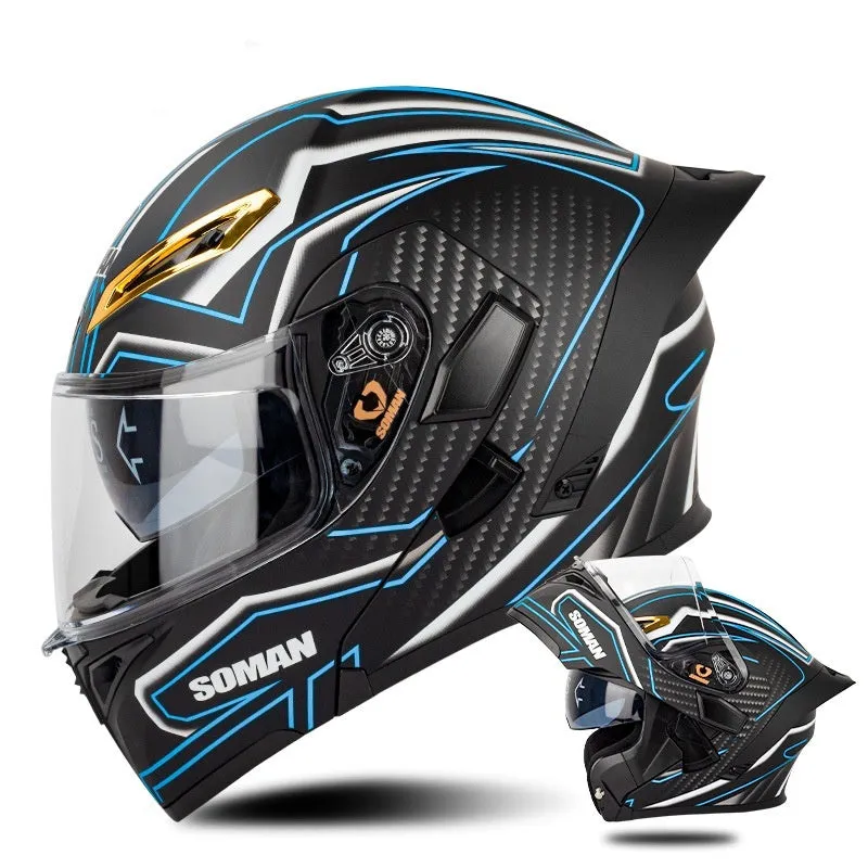 Double lens exposed motorcycle helmet in bright black and green lines with sun visor