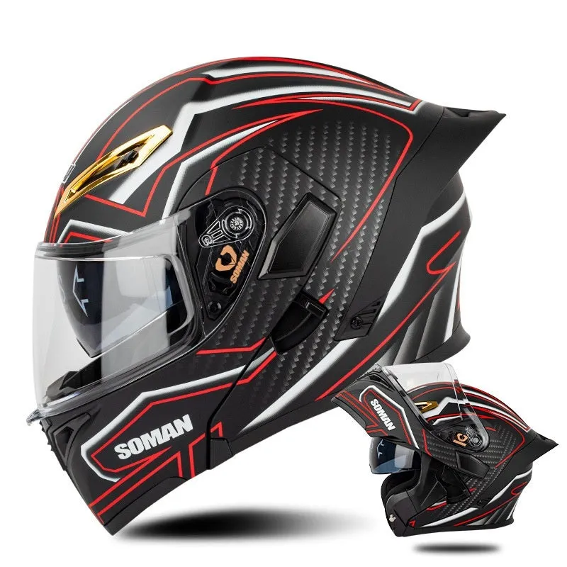 Double lens exposed motorcycle helmet in bright black and green lines with sun visor