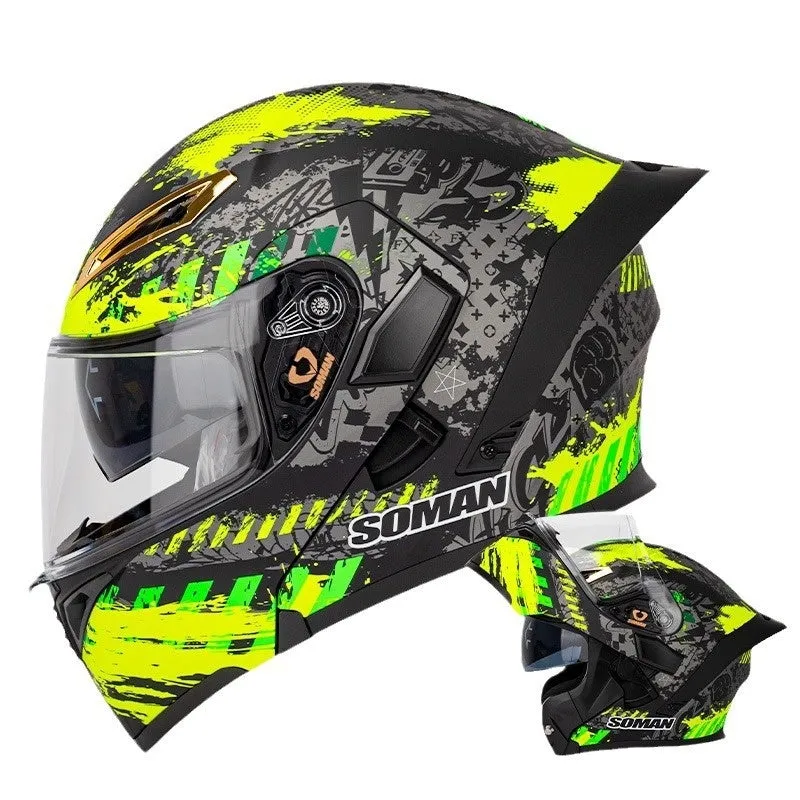Double lens exposed motorcycle helmet in bright black and green lines with sun visor