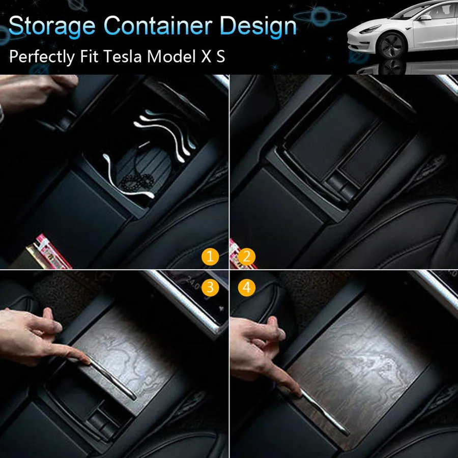 Black rectangular wireless charging storage box for Qi-compatible phones on a desk.