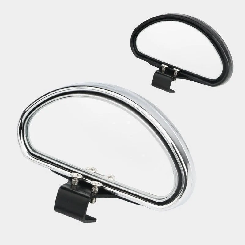 Car rear view auxiliary wide angle convex mirror in black with glass surface and plastic housing for reversing safety