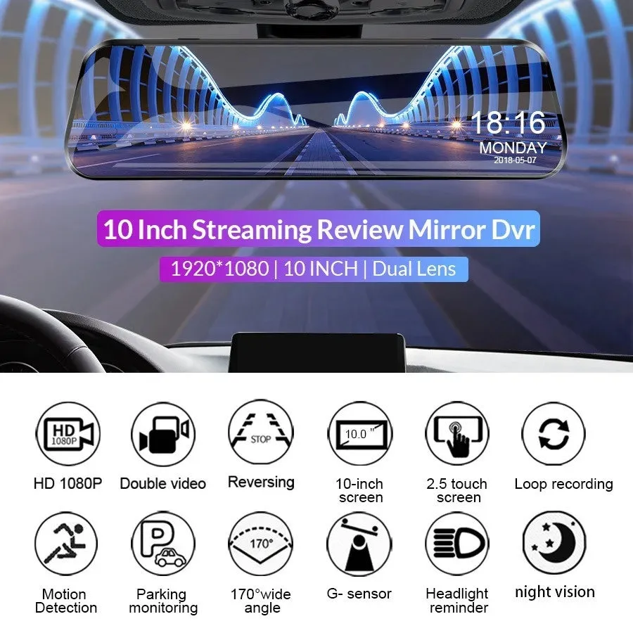 Car rearview mirror camera with 9.88 inch touch screen, motion detection, WiFi, and 1080p recording