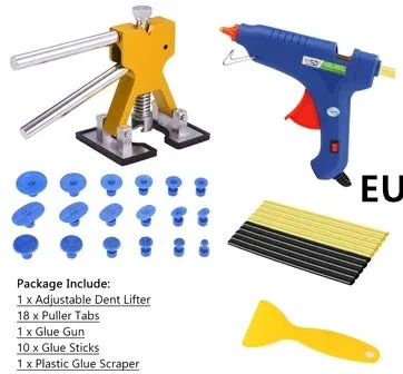 Car dent repair puller kit with glue gun and adhesive sticks in carton packaging