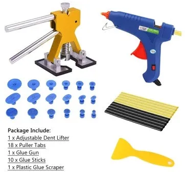 Car dent repair puller kit with glue gun and adhesive sticks in carton packaging