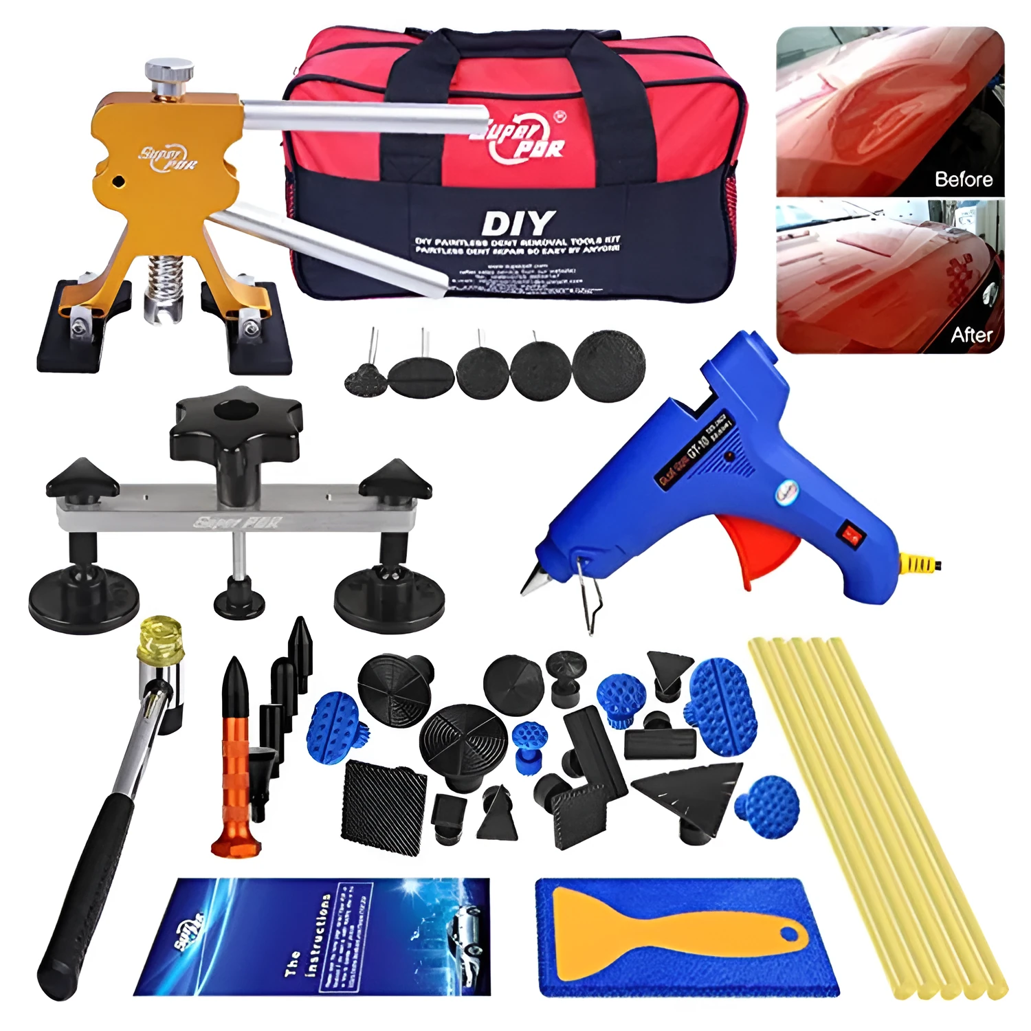 Car dent repair puller kit with glue gun and adhesive sticks in carton packaging