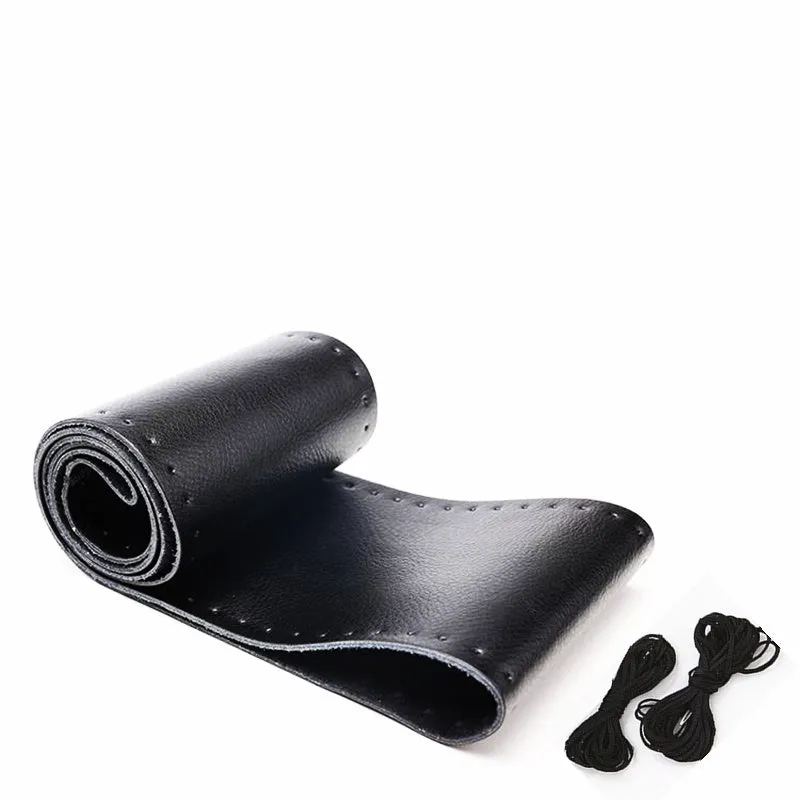 Hand-sewn genuine leather steering wheel cover in black for 38cm diameter steering wheel