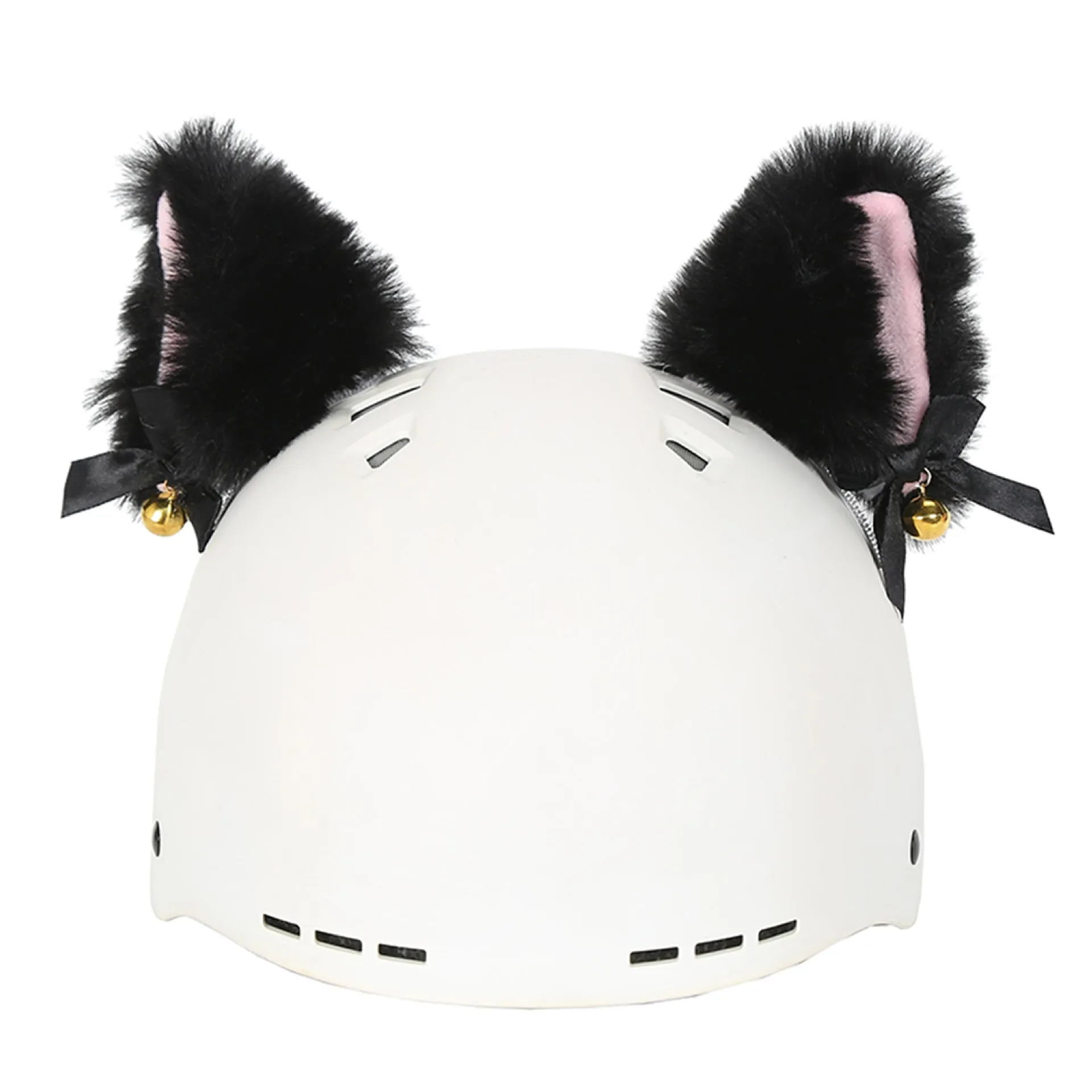 A plush fabric helmet cover with cartoon print and 3D ears, next to a matching beanie hat, on a neutral background.