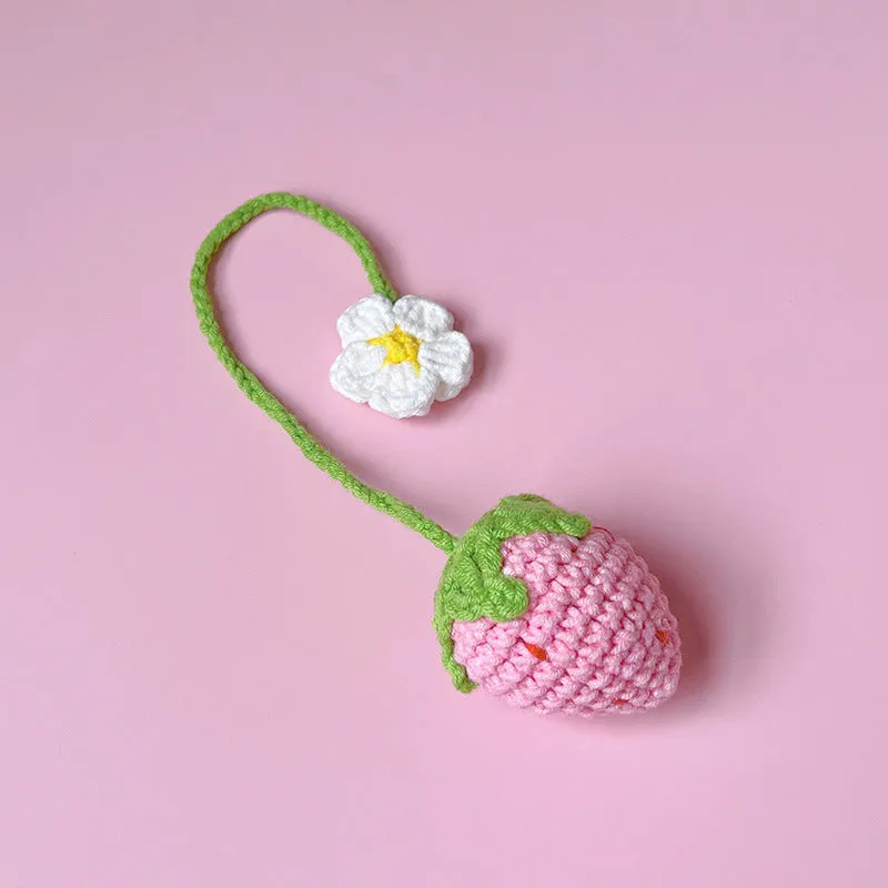 Wool crochet woven strawberry pendant necklace showing knitted texture and single charm design