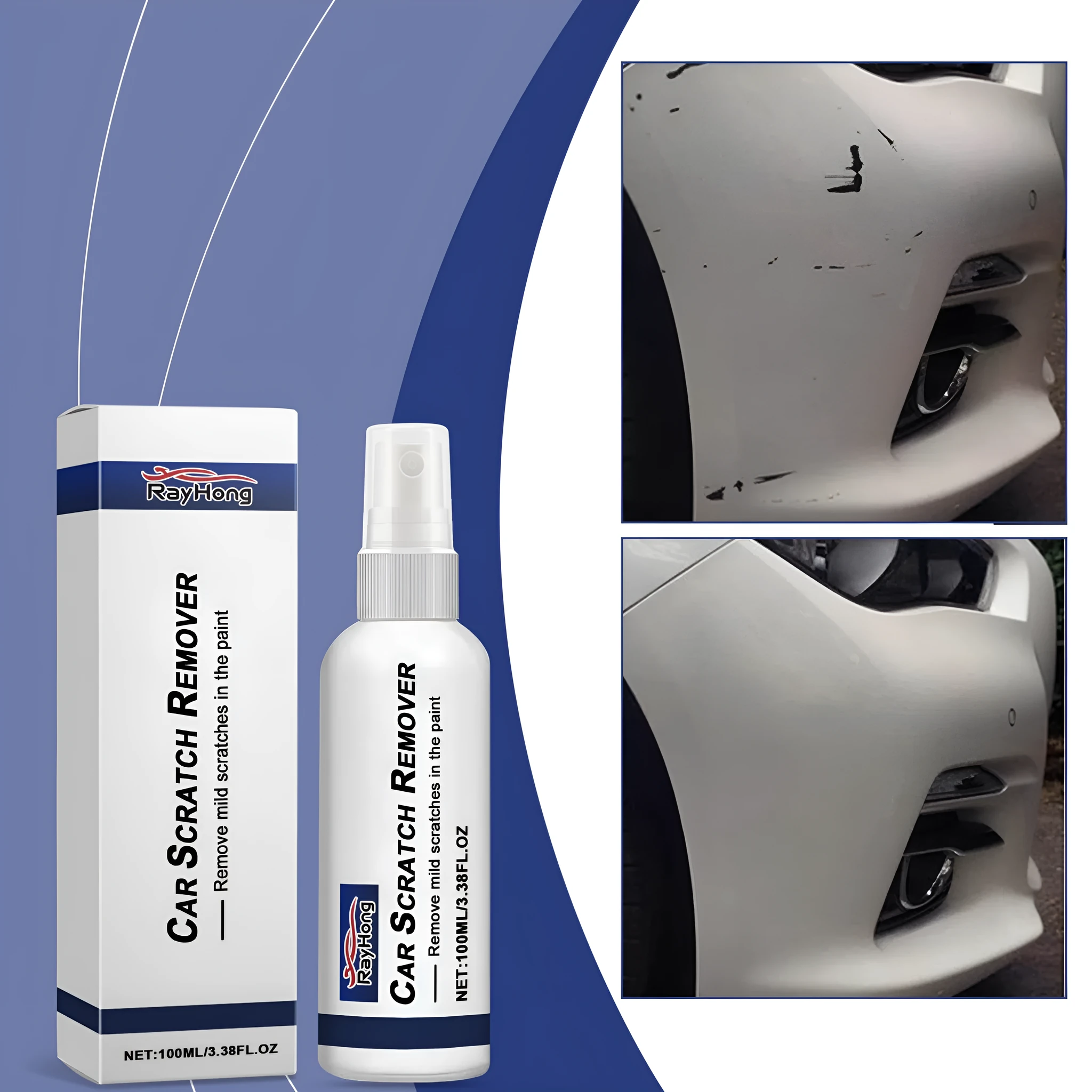 Boxed car scratch repair spray with polysiloxane and abrasive for minor paint scratches, 3.8x14.6cm