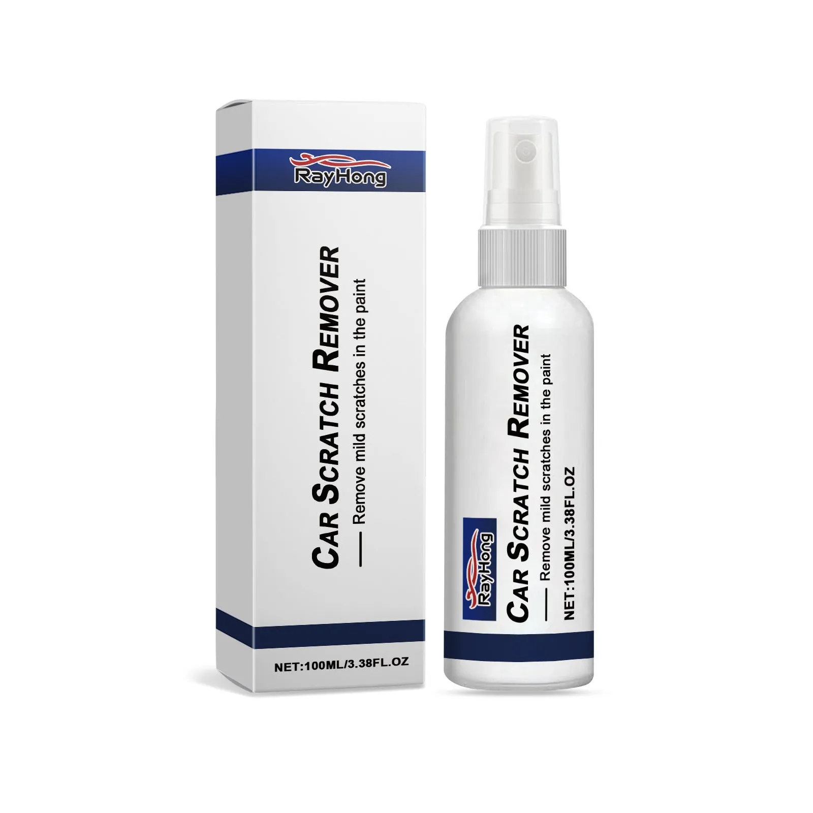 Boxed car scratch repair spray with polysiloxane and abrasive for minor paint scratches, 3.8x14.6cm